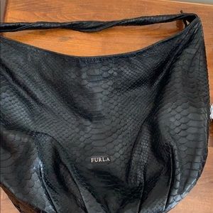 Furla black leather snakeskin hobo bag